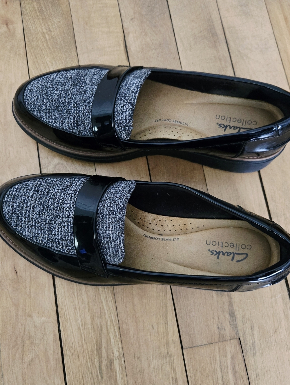 Clarks Women's Sharon Gracie Penny Loafers in Black Patent Combi Tweed, size 9 - Picture 6 of 12